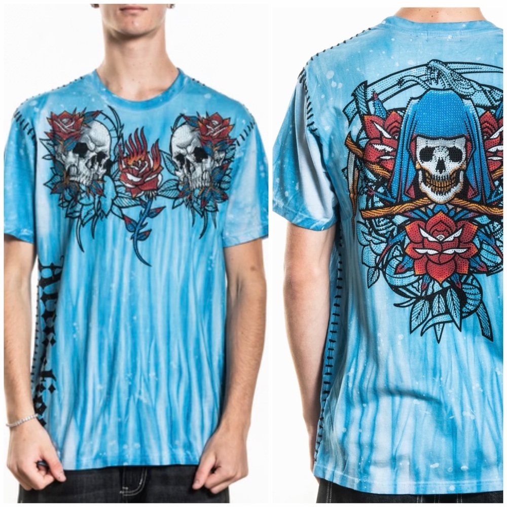 Affliction Soul Vapor Tee, embellished, turquoise blue, size XXXL men's